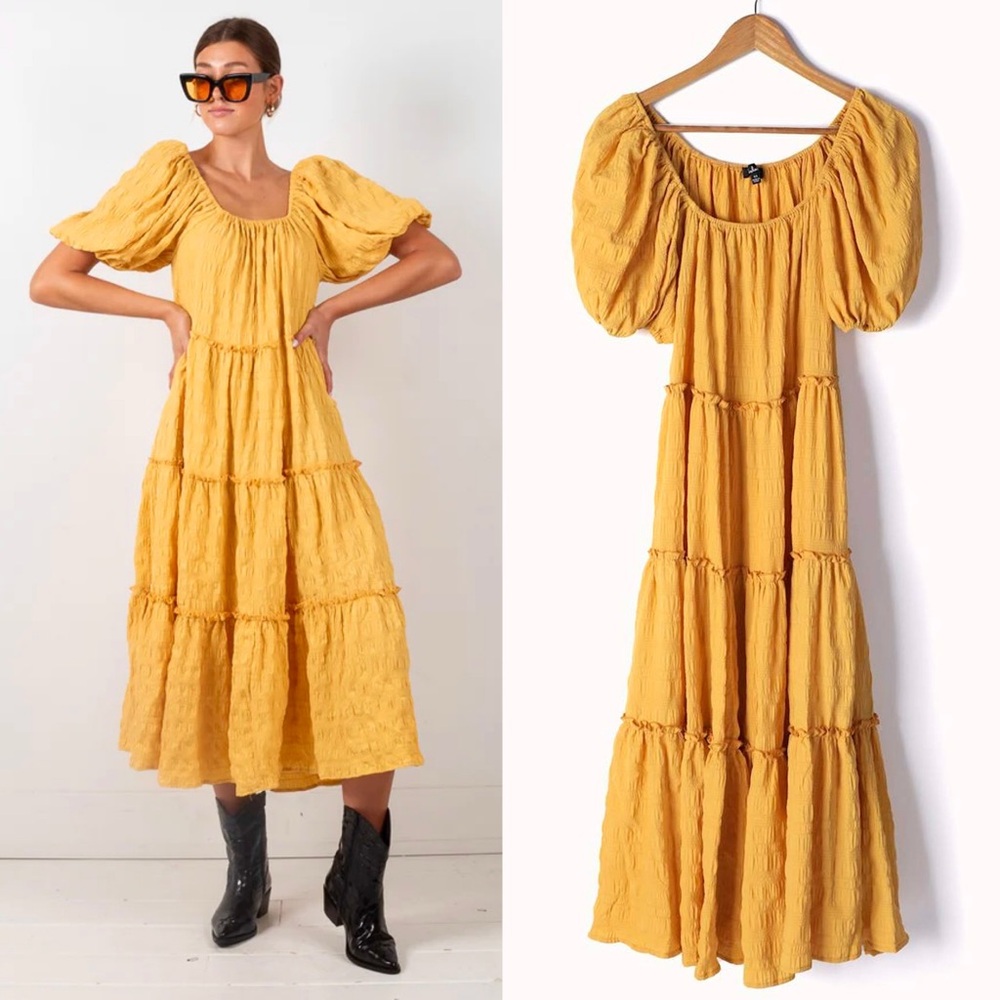 NWT Lulus Tiers My Dear Yellow Puff-Sleeve Tiered Maxi Dress | Small